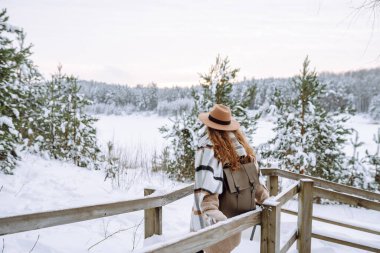 Gülümseyen kadın kış gölünün yanında yürüyor. O, güzel kış havasının tadını çıkarıyor. Doğa, seyahat, kış tatili.