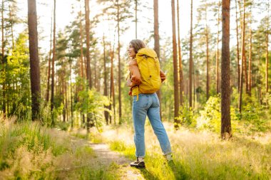 Dişi sırt çantalı turist ağaçlara bakıyor ve doğa manzarasının tadını çıkarıyor. Aktif yaşam tarzı. Yürüyüş.
