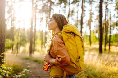 Dişi sırt çantalı turist ağaçlara bakıyor ve doğa manzarasının tadını çıkarıyor. Aktif yaşam tarzı. Yürüyüş.