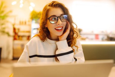 Rahat bir kafede otururken bilgisayarını kullanan serbest çalışan bir kadın. İnternetten alışveriş.