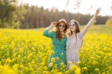 İki güzel kadın sahada doğanın tadını çıkarıyor. Doğa, tatil, rahatlama ve yaşam tarzı. Yaz manzarası.