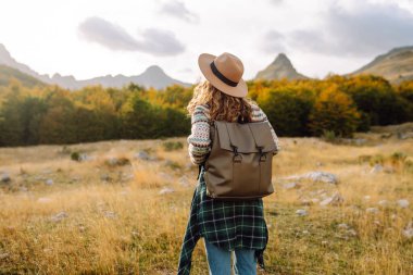 Kadın turistin sırt çantasıyla dağlarda durup manzarayı seyrettiği arka plan görüntüsü. Avrupa seyahati. Yaşam tarzı, tatil, turizm, doğa, aktif yaşam