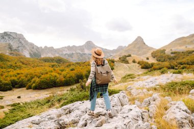 Kadın turistin sırt çantasıyla dağlarda durup manzarayı seyrettiği arka plan görüntüsü. Avrupa seyahati. Yaşam tarzı, tatil, turizm, doğa, aktif yaşam