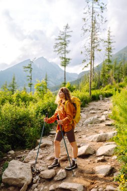 Sırt çantalı ve yürüyüş direkleri olan kadın yürüyüşçü arka planda dağlarla kayalık yola tırmanıyor. Güneşli bir günde manzaranın keyfini çıkaran sportif bir kadın. Yürüyüş konsepti. Etkin yaşam biçimi.