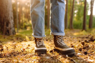 Güneşli ormanda yürüyüş yapan birinin bacaklarına yakın plan. Yürüyüş botları giymiş genç bir kadın. Yürüyüş, seyahat konsepti. Etkin yaşam biçimi.