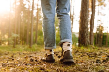 Güneşli ormanda yürüyüş yapan birinin bacaklarına yakın plan. Yürüyüş botları giymiş genç bir kadın. Yürüyüş, seyahat konsepti. Etkin yaşam biçimi.