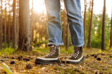 Güneşli ormanda yürüyüş yapan birinin bacaklarına yakın plan. Yürüyüş botları giymiş genç bir kadın. Yürüyüş, seyahat konsepti. Etkin yaşam biçimi.