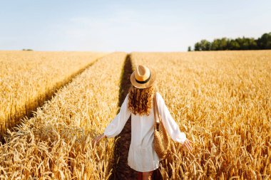 Sarı buğday tarlasında koşan mutlu kadın tatillerde kırsal alanda özgürlüğün tadını çıkarıyor. Dinlen, köyde dinlen, gün batımında köy
