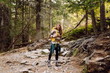 Ormanda akıllı telefon kullanan gülen bir yürüyüşçü. Ormanda gezici internet kullanan bir kadın turist. Blog yazıyorum. Akıllı telefon GPS kullanılıyor