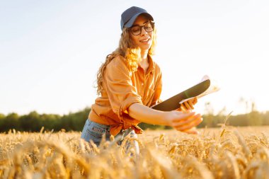 Gün batımında altın tarla arazisinde elinde bir panoyla çiftçi şapkalı genç bir kadın. Dişi bir tarım uzmanı buğday tarlasında mahsulün kalitesini kontrol eder. Kalite kavramı, zengin hasat.