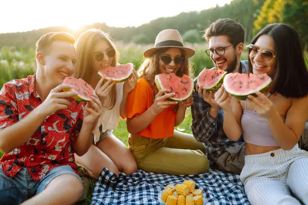 Mutlu arkadaşlar piknikte karpuz yiyorlar. Genç kadınlar ve erkekler gün batımında birlikte dışarıda vakit geçiriyorlar. Arkadaşlık kavramı, eğlence..