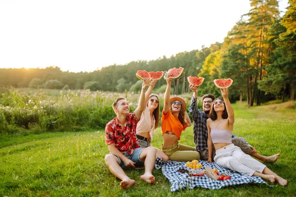 Mutlu arkadaşlar piknikte karpuz yiyorlar. Genç kadınlar ve erkekler gün batımında birlikte dışarıda vakit geçiriyorlar. Arkadaşlık kavramı, eğlence..