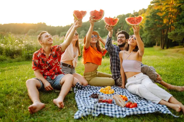 Mutlu arkadaşlar piknikte karpuz yiyorlar. Genç kadınlar ve erkekler gün batımında birlikte dışarıda vakit geçiriyorlar. Arkadaşlık kavramı, eğlence..