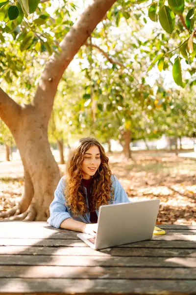 Parktaki bir masada dizüstü bilgisayarla çalışan genç bir kadın. Açık havada havanın tadını çıkaran mutlu kadın serbest yazar. Uzaktan çalışma konsepti. Yaşam biçimi.