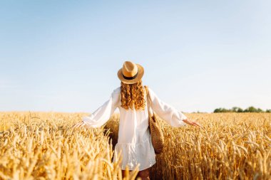 Şapkalı gülümseyen bir kadın altın buğday tarlasında yürüyor. Güzel bir kadın manzaranın tadını çıkarır ve açık havada özgürlüğü hisseder. Yürüme ve eğlenme konsepti.