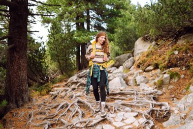 Sırt çantalı genç bayan yürüyüşçü yemyeşil ormanda kayalık yolda yürüyor. Güneşli bir günde doğa ile eğlenen mutlu kadın yürüyüşçü. Macera, eğlence konsepti. Etkin yaşam biçimi.