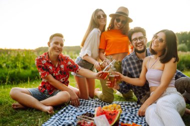 Mutlu arkadaşlar piknikte yeşil bir çayırda eğleniyorlar. Gün batımında piknik yapan bir grup genç erkek ve kadın. Arkadaşlık kavramı, kutlama, rahatlama. Yaşam biçimi.