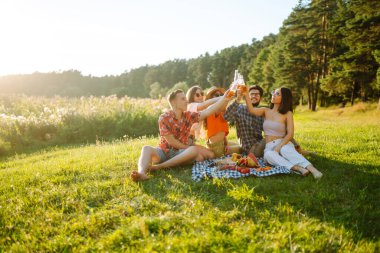 Mutlu arkadaşlar piknikte yeşil bir çayırda eğleniyorlar. Gün batımında piknik yapan bir grup genç erkek ve kadın. Arkadaşlık kavramı, kutlama, rahatlama. Yaşam biçimi.