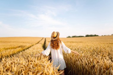Beyaz elbiseli ve şapkalı genç bir kadının altın buğday tarlasında günbatımının keyfini çıkarırken görüntüsü. Güzel bir kadın kendini özgür hisseder ve tarımdan geçer. Çiftçilik ve bahçecilik kavramı.
