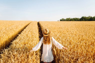 Şapkalı ve güneş gözlüklü mutlu bir kadının portresi altın tarlada eğleniyor. Turist buğdayda gün batımının tadını çıkarıyor, özgürlüğü hissediyor. Tarz ve güzellik konsepti, rahatlama.