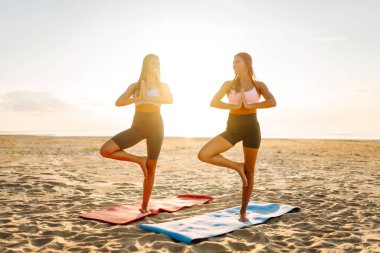 Gün batımı sahili manzaralı minderlerde yoga yapan iki genç kadın. Spor giyimli barışçıl arkadaşlar dengelerini buluyorlar, dışarıda çalışmanın tadını çıkarıyorlar. Etkin yaşam biçimi.