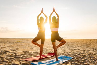 Gün batımı sahili manzaralı minderlerde yoga yapan iki genç kadın. Spor giyimli barışçıl arkadaşlar dengelerini buluyorlar, dışarıda çalışmanın tadını çıkarıyorlar. Etkin yaşam biçimi.