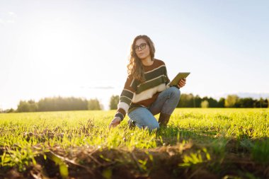 Yeşil tarım alanında dijital tabletle çalışan bir kadın çiftçi. Elinde teknolojisi olan genç bir tarımcı kadın mahsulün kalitesini ve büyümesini kontrol ediyor. Tarım kavramı.