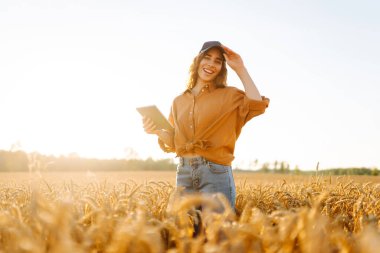 Dijital tabletli genç kadın çiftçi gün batımında altın buğday tarlasında çalışıyor. Teknolojisi olan tarımsal alanda ekin kalitesini kontrol eden tarımcı bir kadın. Zengin hasat.