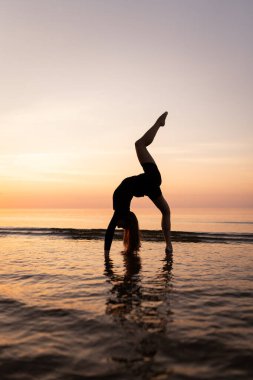 Güzel bir kadının silueti, deniz manzarasına karşı zarif bir poz veriyor. Genç bir jimnastikçi gün batımında çeşitli spor unsurları sergiler. Spor, güzellik ve rahatlama kavramı.