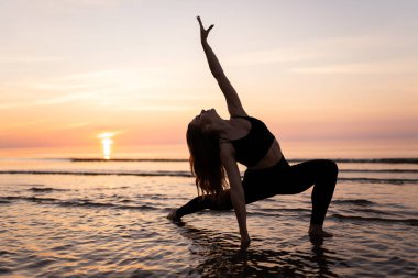 Güzel bir kadının silueti, deniz manzarasına karşı zarif bir poz veriyor. Genç bir jimnastikçi gün batımında çeşitli spor unsurları sergiler. Spor, güzellik ve rahatlama kavramı.