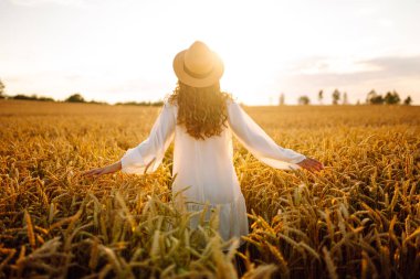 Beyaz elbiseli ve hasır şapkalı bir kadının altın buğday tarlasında dikiz aynasından görünüşü. Güzel bir kadın gün batımından zevk alır ve açık havada özgür hisseder. Güzellik kavramı, özgürlük, takip et.
