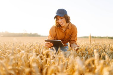 Altın buğday tarlasında dijital tabletli güzel bir dişi çiftçi. Dişi bir tarımcı tarım alanındaki ekinlerin kalitesini ve büyümesini kontrol eder. Teknoloji kavramı, zengin hasat.