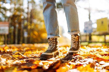 Aydınlık sonbahar yaprakları üzerinde duran çizmeli kadın ayaklarının yakın çekimi. Yürüyüş botlarıyla gezen bir kadın turist güneşli bir ormanda yürüyor. Yürüyüş konsepti, mevsimlik.