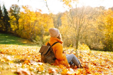 Parlak ceketli neşeli bir kadın güneşli bir parkta toplanır ve parlak yapraklar saçar. Güzel bir kadın eğleniyor ve sonbahar manzarasının tadını çıkarıyor. Yürüyüş, seyahat ve rahatlama kavramı..