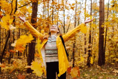 Genç bir kadın sonbahar parkında eğleniyor, sarı yapraklar saçıyor. Parlak yağmurluklu kadın gezgin gün batımında ormanda güzel bir yolda yürüyor. Mevsimlik kavramı, sonbahar