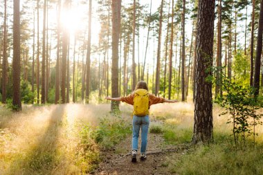 Parlak bir sırt çantasıyla neşeli bir kadın güneşli bir ormanda doğanın tadını çıkarıyor. Yürüyüş yolunda güzel bir bayan gezgin. Yürüyüş, dinlenme ve doğa konsepti.
