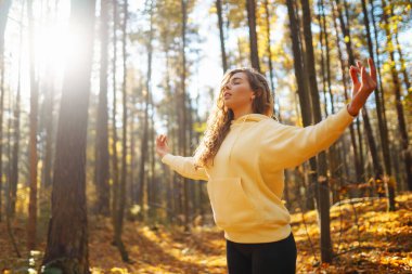 Günbatımında sonbahar ormanında parlak kazaklı genç kadın yoga yapıyor. Atletik kadın egzersiz yapıyor, dışarıda esniyor. Meditasyon, yoga ve rahatlama konsepti.