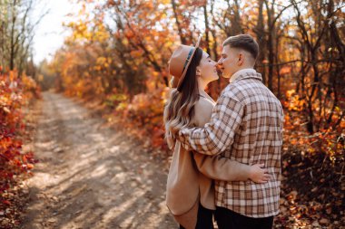 Sonbahar ormanında eğlenen iki güzel insan. Sevimli bir kadın ve erkek güneşli bir parkta yürüyor, sarılıyorlar. Dışarıda bir randevuda. Aşk kavramı, rahatlama..