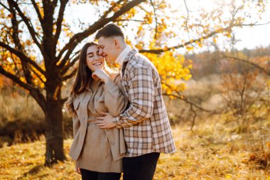 Sonbahar ormanında eğlenen iki güzel insan. Sevimli bir kadın ve erkek güneşli bir parkta yürüyor, sarılıyorlar. Dışarıda bir randevuda. Aşk kavramı, rahatlama..