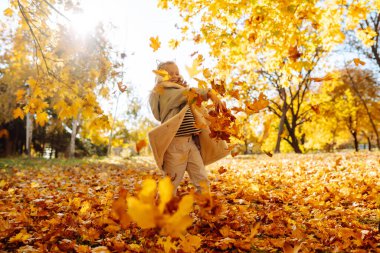 Mutlu anne ve kız gün batımında bir sonbahar parkında eğleniyorlar. Sevgili kızıyla birlikte sonbahar yaprakları fırlatan ve birlikte dışarıda vakit geçiren genç bir kadın. Eğlence ve çocukluk kavramı.