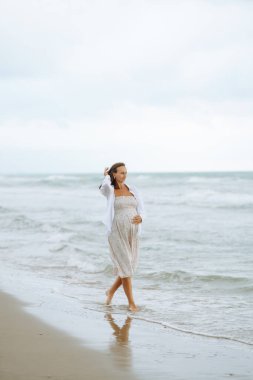 Bulutlu bir günde, elbiseli hamile bir kadın deniz kıyısında yürüyor. Çocuk bekleyen güzel bir kadın dışarıda doğanın tadını çıkarıyor. Özgürlük kavramı, rahatlama..