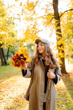 Mutlu kadın güneşli bir sonbahar parkında bir buket parlak yaprakla eğleniyor. Günbatımının tadını çıkaran günlük giysiler içinde güzel bir turist. Yürüme konsepti. Sonbahar atmosferi.