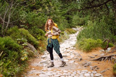 Güneşli bir günde dağ yolunda sarı bir sırt çantasıyla yürüyüş yapan bir bayan yürüyüşçü. Güzel bir kadın dağ manzarasının tadını çıkarıyor. Macera konsepti, yürüyüş. Etkin yaşam biçimi.