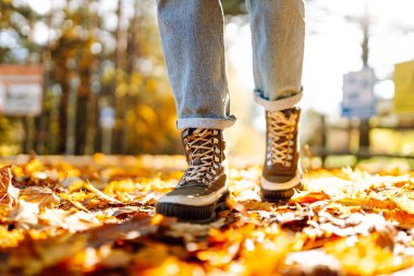Yürüyüş botlarıyla gezen bir gezginin ayakları rengarenk sonbahar yapraklarıyla kaplı bir orman yolunda yürür. Günbatımında bir kadın sonbahar ormanında yürüyor. Yürüyüş konsepti, mevsimlik.