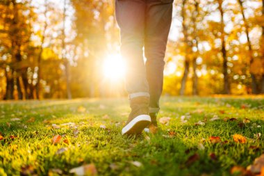 Parlak sonbahar yapraklarıyla kaplı bir patika boyunca yürüyen çizmeli bir adamın yakın çekimi. Güneşli bir günde ayakkabılı bir adam sonbahar parkında yürür. Mevsimlik kavramı, yürür.