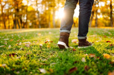 Parlak sonbahar yapraklarıyla kaplı bir patika boyunca yürüyen çizmeli bir adamın yakın çekimi. Güneşli bir günde ayakkabılı bir adam sonbahar parkında yürür. Mevsimlik kavramı, yürür.