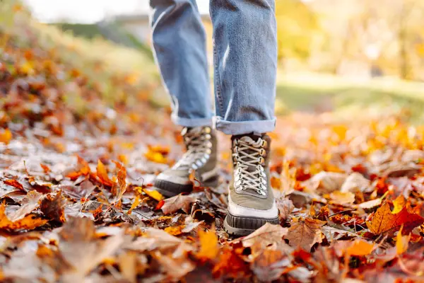 Yürüyüş botlarıyla gezen bir gezginin ayakları rengarenk sonbahar yapraklarıyla kaplı bir orman yolunda yürür. Günbatımında bir kadın sonbahar ormanında yürüyor. Yürüyüş konsepti, mevsimlik.