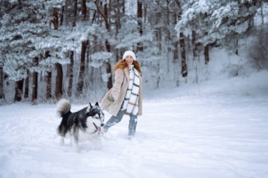 A young woman in a warm coat enjoys spending time with her Siberian husky in a snowy forest. A beautiful woman spends time with her pet outside on a sunny day. Concept of friendship, relaxation, pets.
