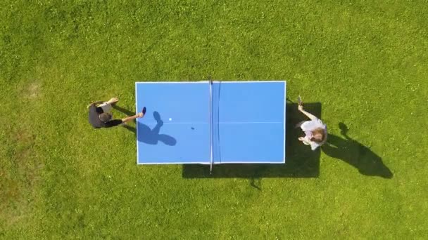 空中观看人们在室外打乒乓球比赛 俯瞰两个男孩子在绿草草坪上打乒乓球的情景 空中观赏户外运动 — 图库视频影像