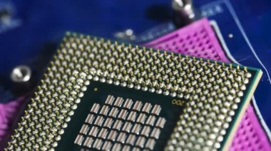 Teknoloji siber elektronik konsept. Suyun altında işlemci bilgisayarı. İşlemci suyla soğuyor. İşlemci suyun altında. Hasarlı elektronik